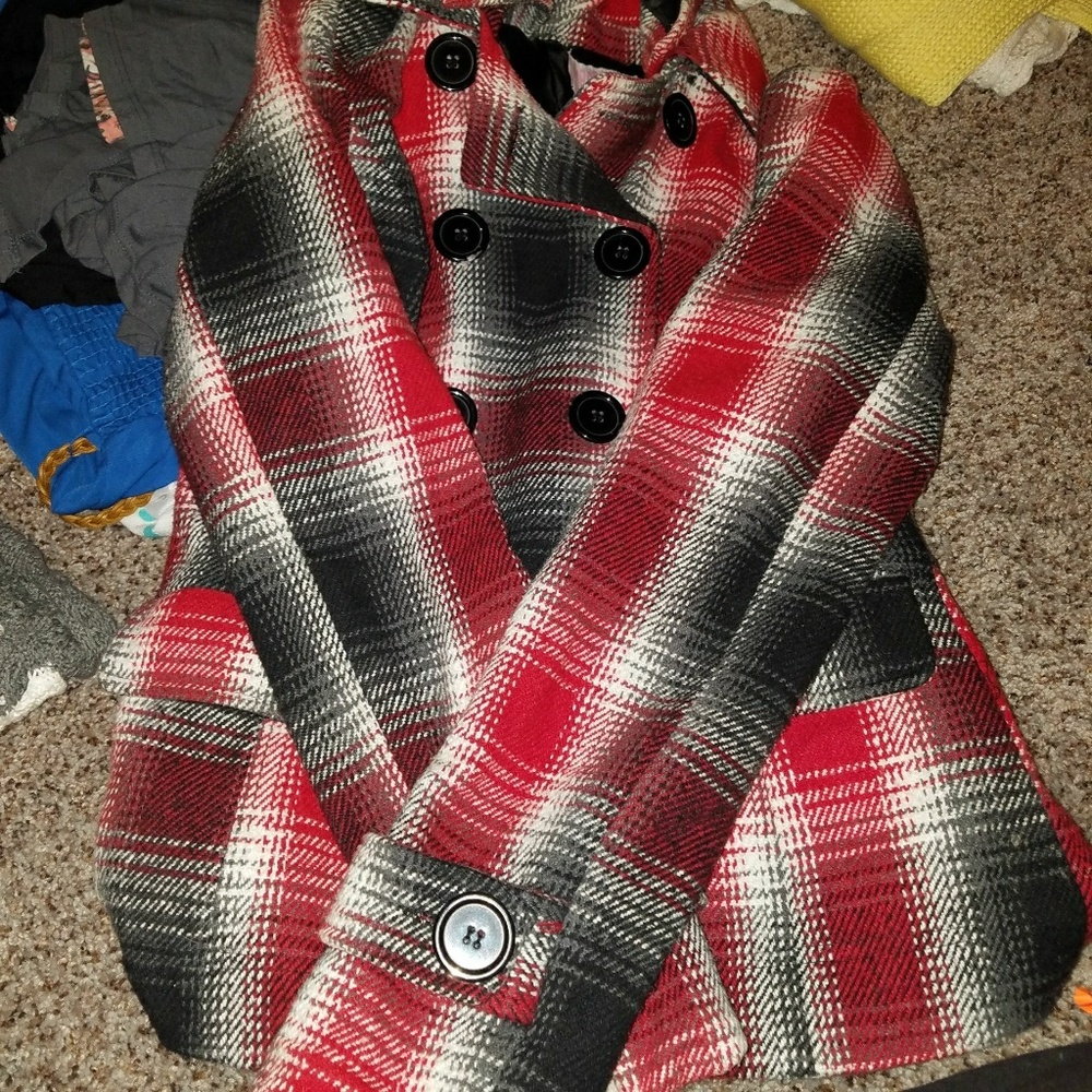 Black and red pea coat